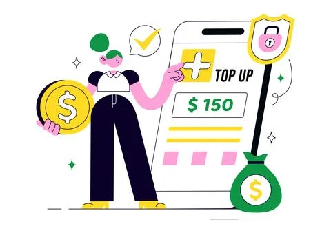 Top Up Balance Illustration Featuring Secure Digital Wallet Recharge, Mobil.. Stock Illustration