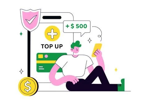Top Up Balance Illustration Featuring Secure Digital Wallet Recharge, Mobil.. Stock Illustration