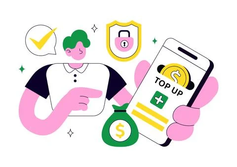 Top Up Balance Illustration Featuring Secure Digital Wallet Recharge, Mobil.. Stock Illustration