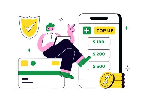 Top Up Balance Illustration Featuring Secure Digital Wallet Recharge, Mobil.. Illustrazione stock