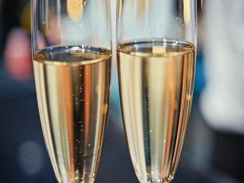 Top of bar in interior and two glasses of champagne Stock Footage 75831031