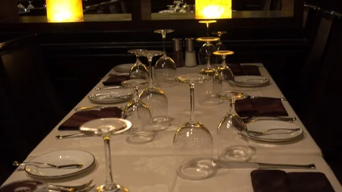 Top To Bottom Reveal Closeup Of Fine Dining Wine Glasses Table Settings High Stock Footage