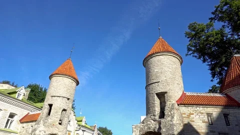 Top of buildings on blue sky background. Tallinn old town Stock Footage