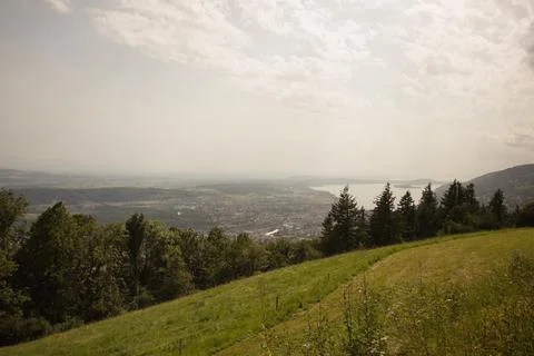 At the top of Bzingenberg with a stunning view over the city of Biel Stock Photos