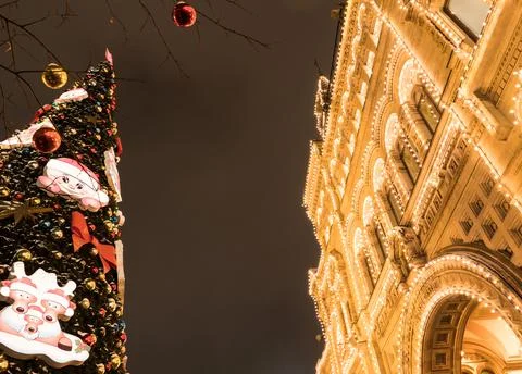 Top of the Christmas tree near the building Stock Photos
