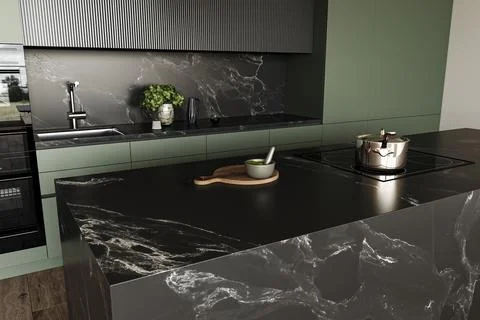 Top close up view on dark green kitchen room interior with cupboard, double sink Ilustração Stock