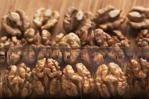Top close up view of group of large dried ukranian russian peeled Walnut kern Stock Photos