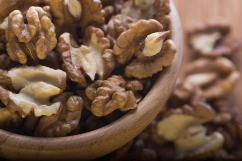 Top close up view of group of large dried ukranian russian peeled Walnut kern Stock Photos
