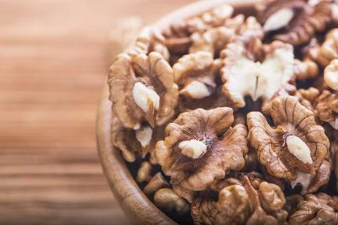 Top close up view of group of large dried ukranian russian peeled Walnut kern Stock Photos