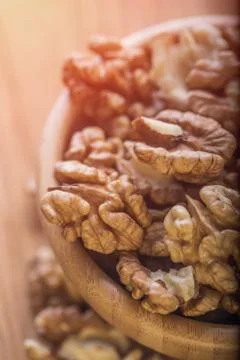 Top close up view of group of large dried ukranian russian peeled Walnut kern Stock Photos