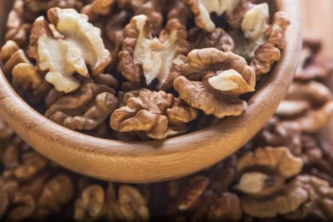 Top close up view of group of large dried ukranian russian peeled Walnut kern Stock Photos