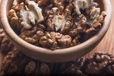 Top close up view of group of large dried ukranian russian peeled Walnut kern Stock Photos