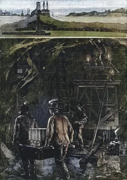 Top: Cutaway view of work under the East River, New York, during preparations Stock Illustration