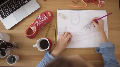Top desk view of designer working on customizing sneakers sketch Stock Footage 133280410