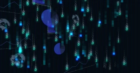 Top digits sparking cascading 0 or 1 streams, sliding code and falling charts Stock Footage 321800403
