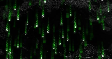 Top digits sparking streams, green binary rain falling, showing data flow over Stock Footage 333965144