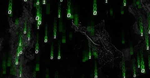 Top digits sparking streams, green binary rain falling, showing data flow over 스톡 일러스트