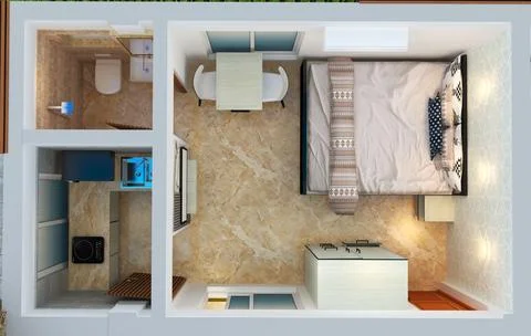 Top Down 3D Floor Plan of a Modern Studio Flat Stock Illustration