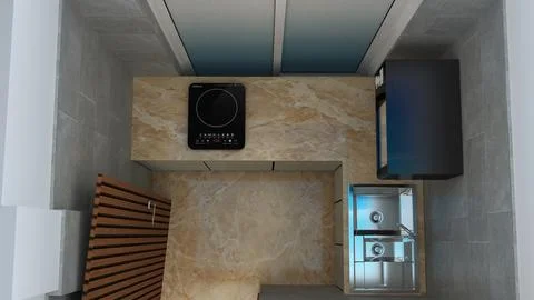 Top-Down 3D Render of a Modern Compact Kitchen Stock Illustration