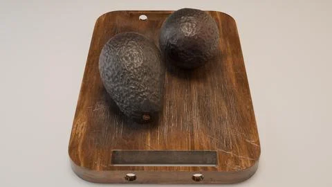 Top-down 3D render of two avocados on cutting board against neutral backdrop Illustrazione stock