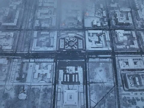 Top-down abstract of snow-covered city center monumental blocks Stock Photos