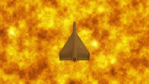 Top Down Abstract View of Shahed 136 Kamikaze Drone Flying Above Intense Fire Vídeo Stock 331829856