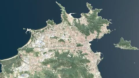 Top-down aerial 3D illustration of Weihai, China Stock Illustration