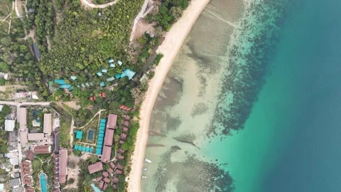 Top Down Aerial Along Mae Haad Beach Reef and Jungle Roads, Koh Phangan Video stock 347985231