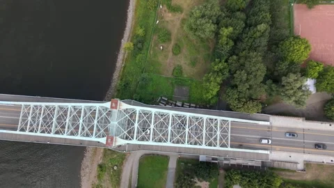 Top Down Aerial Blaues Wunder over Elbe River Football ground reveal Dresden 스톡 동영상 337848275