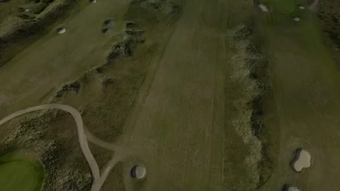Top down aerial of bunkers and green on the Budersand links golf course at Stock Footage 344906846