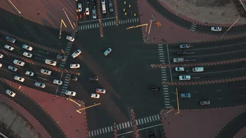 Top-Down Aerial of Busy Multilane Intersection at Golden Hour, Cars Stock Footage 324849042