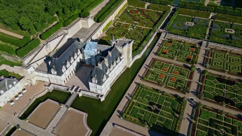 Top-down aerial of Chateau de Villandry with Renaissance gardens Stock Footage 316757436
