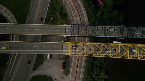 Top down aerial of Chuck Yeager memorial Bridge in Charleston West Virginia Stock Footage 310340654
