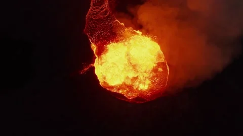 Top Down Aerial Close Up of Glowing Magma Lake in Volcano Crater Stock Footage 322180279