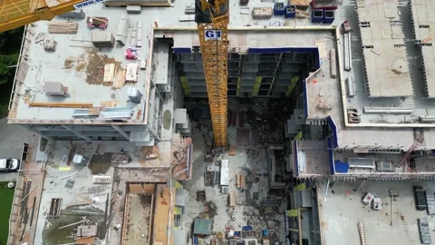 Top Down Aerial of Construction Site with Crane in Montreal – Editorial 4K Stock Footage 332626302