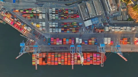 Top Down Aerial of Container Ship Unloading at Valparaiso Port export Stock Footage 333855474