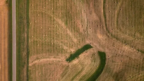Top-down aerial of a creek line winding through farmland Video stock 345531192