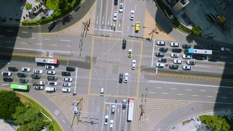 Top-Down Aerial Descent Over Busy Gangnam Intersection Traffic Stock Footage 345212379