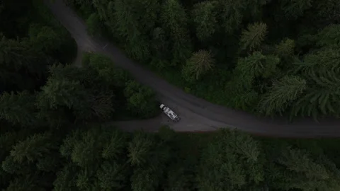 Top down aerial of dirt road through Gifford Pinchot National Forest with camper Stock Footage 339306056
