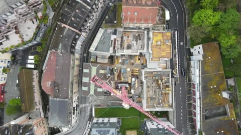 Top down aerial drone ascending over construction site Montreux Switzerland 库存影片 332613580