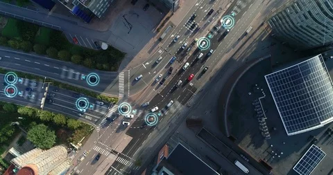Top down aerial drone. Autonomous self driving cars moving at city traffic.  Stock Footage 119380531