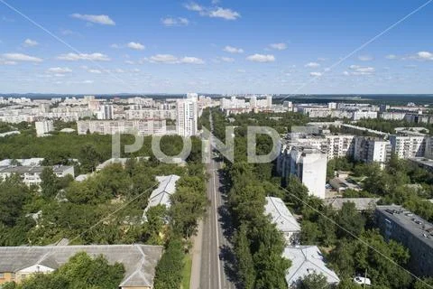 Top down aerial drone image of a Ekaterinburg city in the midst of summer, ba Stock Photos