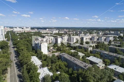 Top down aerial drone image of a Ekaterinburg city in the midst of summer, ba Stock Photos