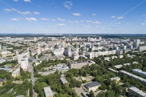 Top down aerial drone image of a Ekaterinburg city in the midst of summer, ba Stock Photos