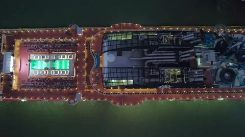 Top Down Aerial Drone Night Dolly Shot over Luxury Cruise Ship Deck Stock Footage 342666824