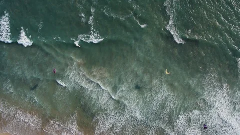 Top-Down Aerial Drone Shot of Kiteboarders and Windsurfers (Waddell Beach) Stock Footage 112649160