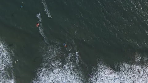 Top-Down Aerial Drone Shot of Kiteboarders and Windsurfers (Waddell Beach) Video stock 112711792