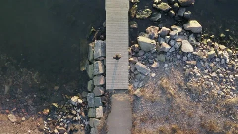Top down aerial drone shot of a person walking along a boardwalk towards a lake Stock Footage 146293290