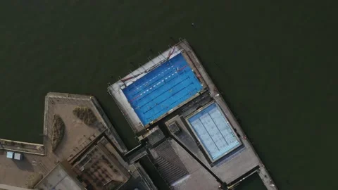 Top down aerial drone shot of outdoor swimming pool in Helsinki Stock Footage 146293749