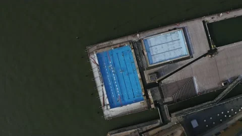 Top down aerial drone shot of outdoor swimming pool in Helsinki Stock Footage 146293775